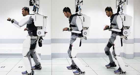 A paralyzed man was able to walk with the help of an exoskeleton and ceiling-attached harness using brain-controlled sensors. Photo Courtesy: mashable.com