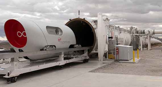 The transportation pod enters the hyperloop tunnel at the test track in Nevada